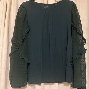 LOFT Dark Green Blouse with Ruffle Detail